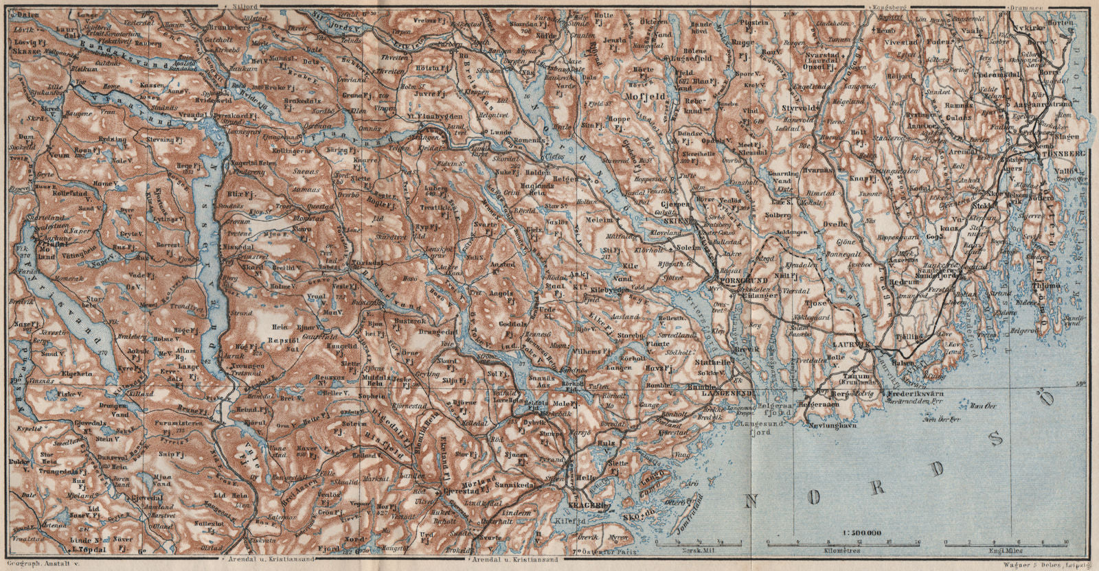 SOUTH TELEMARKEN. Tonsberg Larvik Sandefjord Skien Kragero. Norway 1885 map